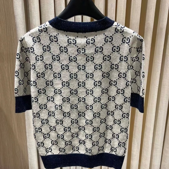 New Gucci 2025 GG monogram metallic Ivory and blue GG lamé jacquard knit top S - Picture 2 of 6
